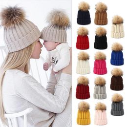 2 pièces parent-enfant côtelé tricoté bonnet chapeau ensemble mère bébé famille hiver Pom Pom plus chaud couleur unie à revers crâne Cap293Q