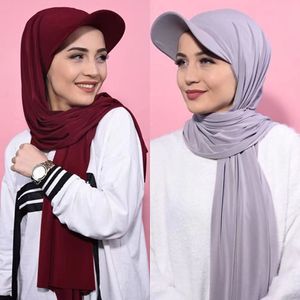 2 stks Ramadan Moslim Fashion Baseball Caps met Jersey sjaal Sjawl Solid Color Bandana Turban Bonnet Women Hat Ready To Wear