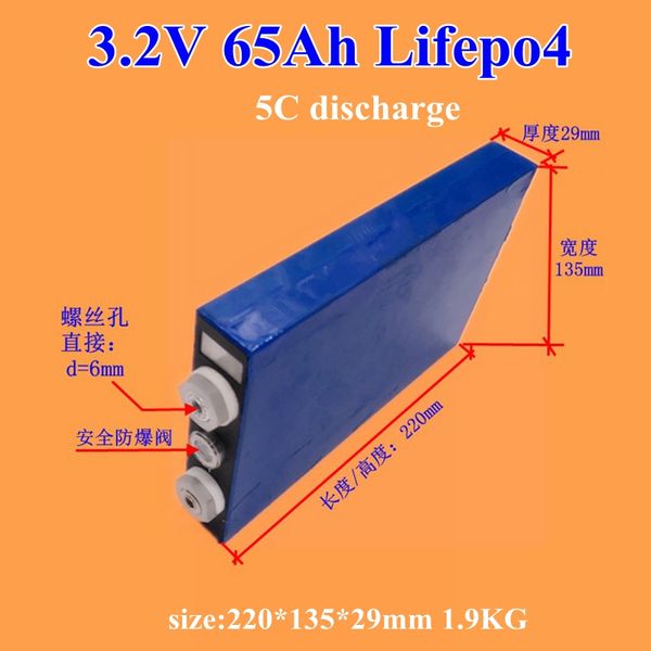 2 batteries lithium-fer rechargeables lifepo4, 3.2v, 65ah, décharge 5C, pour bricolage, panneau 12V, 24V, 36V, vélo électrique solaire, voiture électrique