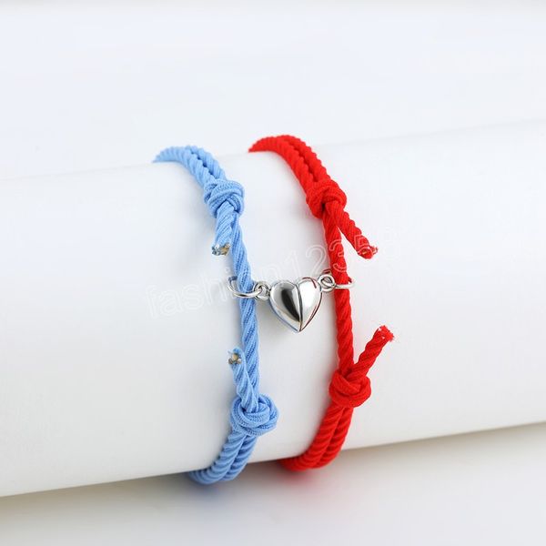 Bracelet magnétique en corde tressée rouge et bleu, 2 pièces, couleur argent, cœur, pour Couple, cadeau de saint valentin