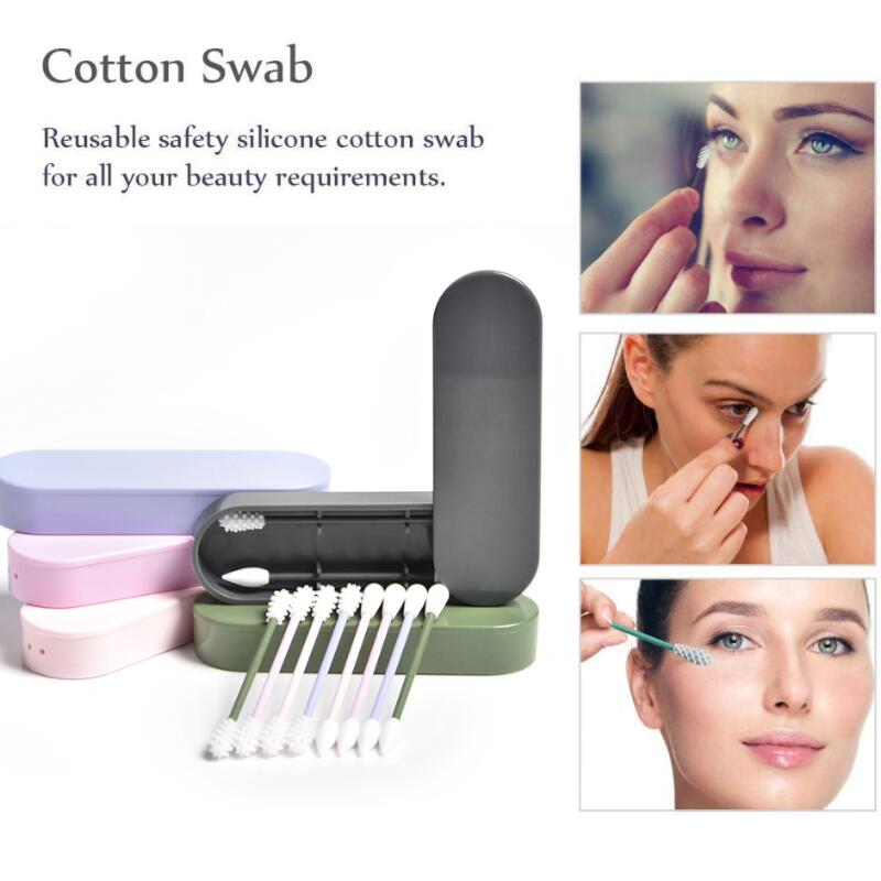 2pcs reutilizable de silicona Esponja de algodón con el caso de la limpieza del oído ojo lavable maquillaje hisopos flexible suave Maquillaje Herramientas