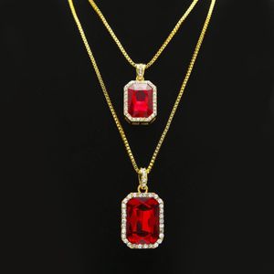Ensemble de bijoux collier rubis 2 pièces, argent plaqué or, pendentif carré rouge glacé, boîte Hip Hop, chaîne 317q