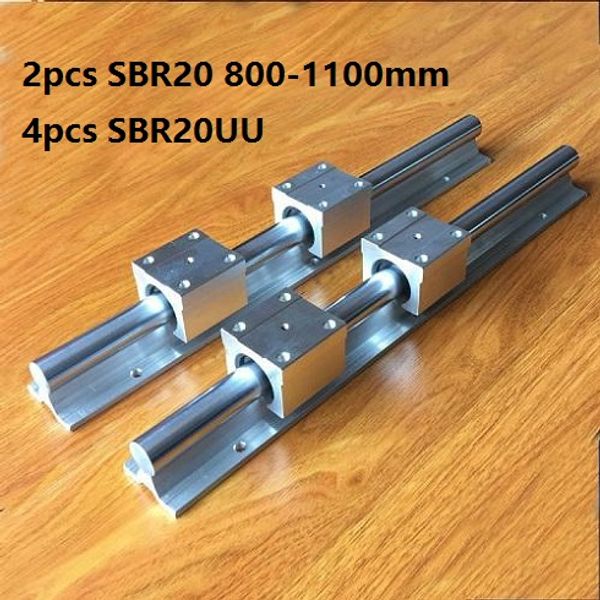Rail de support SBR20 800mm/900mm/1000mm/1100mm, 2 pièces, guide de rail linéaire + 4 blocs de roulement linéaires SBR20UU pour pièces de routeur CNC