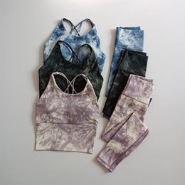 2PCS Seamles Yoga Set Workout Sportswear Gym Kleidung Fitness Crop Top Tie Dye Hohe Taille Leggings Sport Anzüge 240122