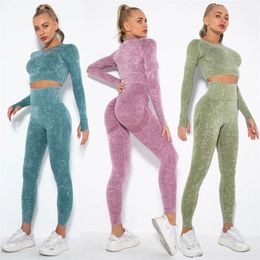2 stks Naadloze Yoga SE Dames Sport Suit Training Sportkleding Gym Gym Set Lange Mouwen Crop Top Hoge Taille Leggings Fitness Kleding 220330