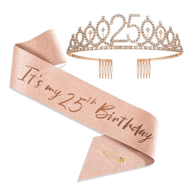 2pcs/set 10 16 18 21 30 30 50 Criendly Girlen Satin Sash Crystal Crown para mujeres Decoraciones de cumpleaños para niños suplie de fiesta de bricolaje