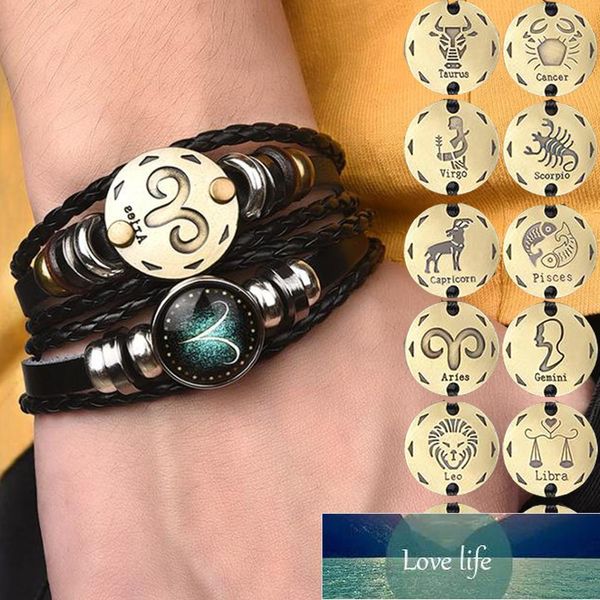 2 unids/set 12 pulseras de constelaciones encanto luminoso pulsera de cuero horóscopo del zodiaco brazalete trenzado hombres mujeres joyería muñeca regalo precio de fábrica diseño experto