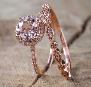 2 unids/set 2019 anillos de cristal de piedra rosa blanca de lujo para mujeres anillos de compromiso de boda de Color dorado joyería Dropship Bagues Pour