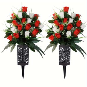 2 pièces/ensemble de fleurs artificielles, roses de décoration funéraire extérieure, bouquet de beaux arrangements avec vase de cimetière, couleurs durables et sans saignement (blanc + rouge)
