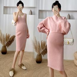 # 2 stks/set Herfst Winter Koreaanse Mode Gebreide Moederschap Truien Jurk Past Een Lijn Slanke Kleding voor Zwangere Vrouwen Mooie 240219
