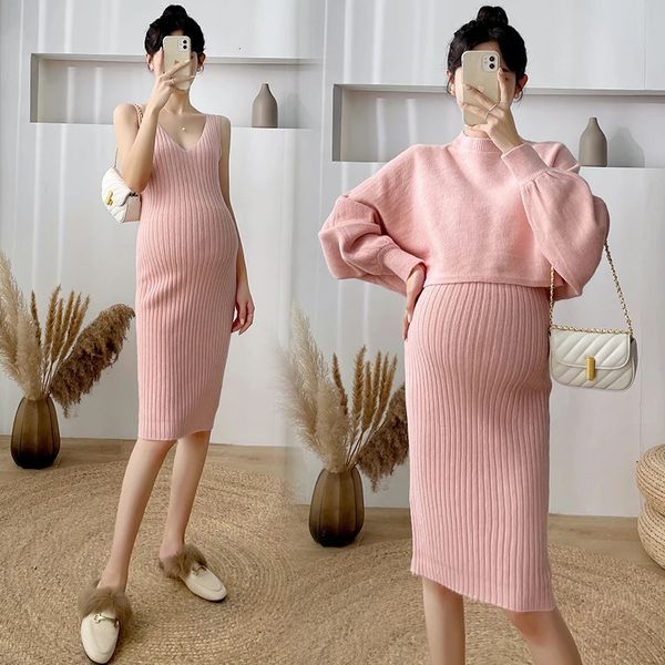 # 2 pièces/ensemble automne hiver mode coréenne tricoté pulls de maternité robe costumes une ligne vêtements minces pour les femmes enceintes belle 240219