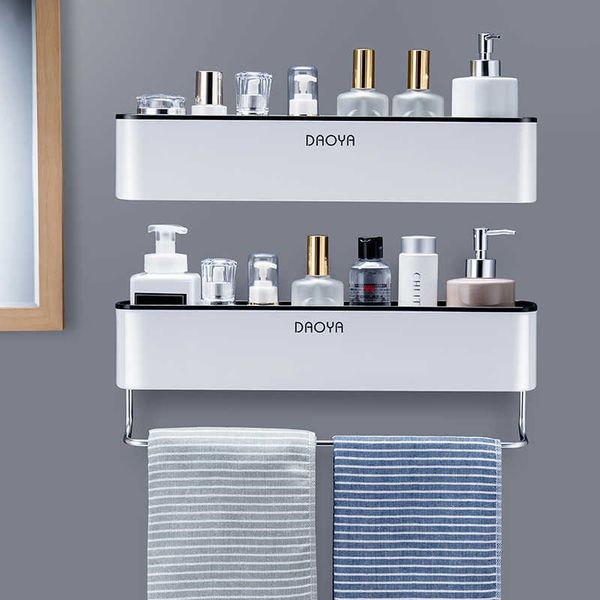 2 unids / set Estante de baño Ducha Caddy Organizador Montaje en pared Estante de champú con barra de toalla Sin perforación Accesorios de almacenamiento de cocina 210724