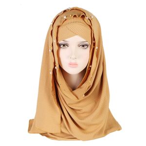 2 pièces/ensemble perles Hijab avec capuchon uni côtelé Jersey Hijab pour femme voile musulman islamique casquette écharpe pour femmes foulard enveloppes