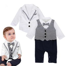 2 stks/set boys gentleman kleding sets herfst kinderen formele pakken peuter kleding bind gentleman jas romper baby bodysuit suit