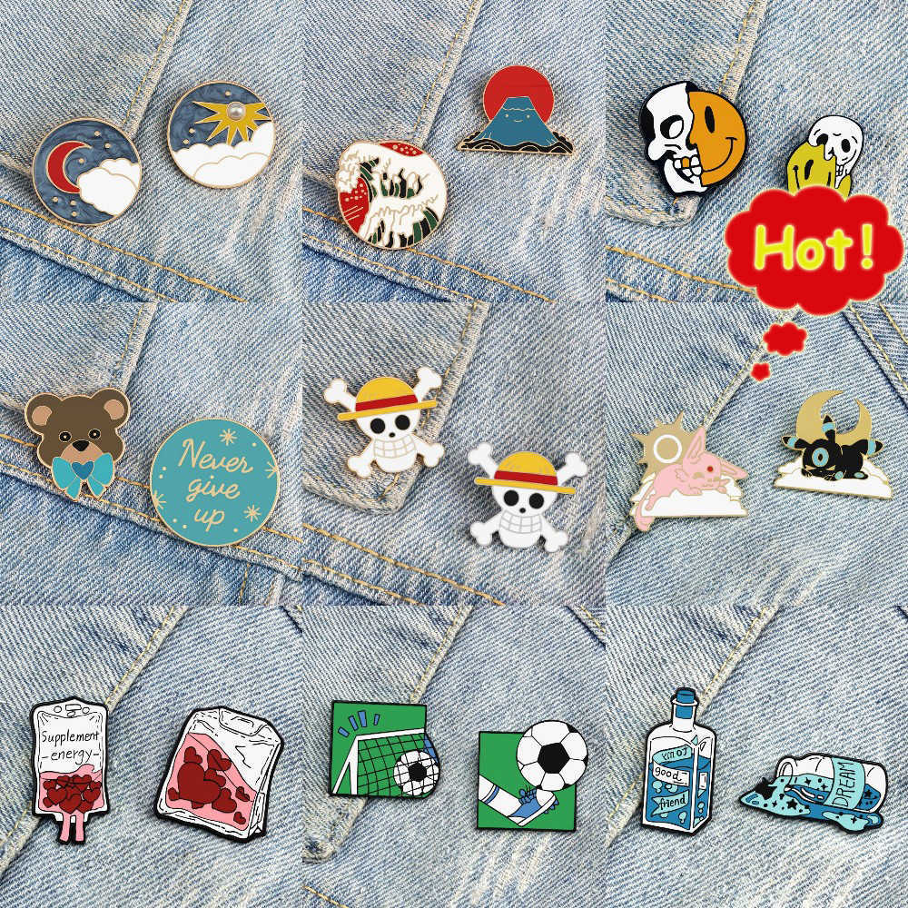 2PCS/Set Cartoon Anime Lapel Pins Punk Skeleton Cute Animal Bear Brooch Sets Football Sun Moon Badge Backpack Enamel Pin Jewelry