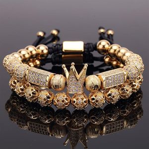 2 unids / set Charm Pulsera de Oro de Lujo Hombres Hombre Cuentas de Acero Inoxidable Corona Cz Zircon Trenzado Mujer pulseira Regalo de San Valentín D236i