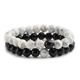 Juego de 2 piezas de pulseras clásicas de piedra natural blanca y negra con cuentas Yin Yang, pulsera de distancia para parejas para hombres y mujeres Friend271n