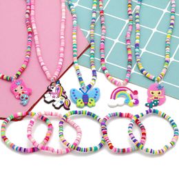 Ensemble de bijoux collier et Bracelet en perles d'argile, 2 pièces/ensemble, breloque à motif de dessin animé mignon pour enfants, bijoux de fête, ensembles cadeaux d'anniversaire pour enfants