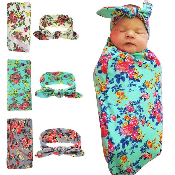 Couverture d'emmaillotage en coton pour nouveau-né, ensemble de bandeaux avec oreilles de lapin, couvertures de sommeil pour bébé, serviettes de bain, 2 pièces/ensemble