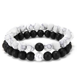 2pcs / set couple distance noir blanc natural lave stone tiger œil bed yoga bracelets for hommes femmes cadeaux de bijoux de corde élastique