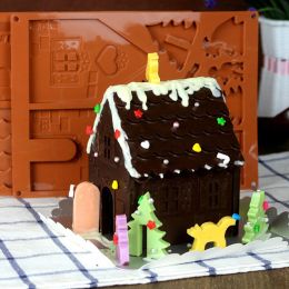 Juego de 2 uds DIY tridimensional casa de Navidad molde de silicona para Chocolate casa de jengibre hornear pastel molde para galletas