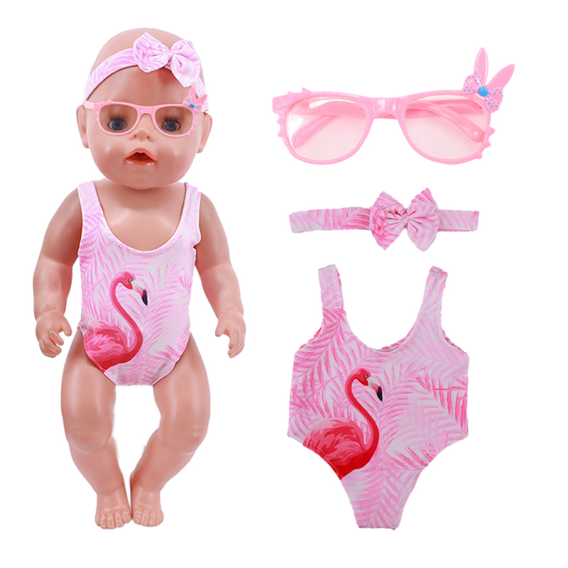 2Pcs/Set=Flamingo Swimsuit +Bunny Ear Sunglasses For 18 Inch Girl Doll Gift 43 Cm Born Baby Doll Clothes Accessories Items Toys
