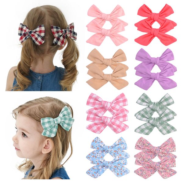 2 pièces/ensemble fleur coton arcs avec pince pour bébé filles Plaid Boutique Clips Hairgrip Barrettes chapeaux accessoires de cheveux