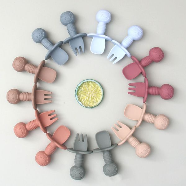 2 pièces/ensemble Mini cuillère à fourchette en Silicone de qualité alimentaire pour bébé ustensiles à imprimé Animal ensemble cuillère d'alimentation apprendre à manger de la vaisselle pour enfants