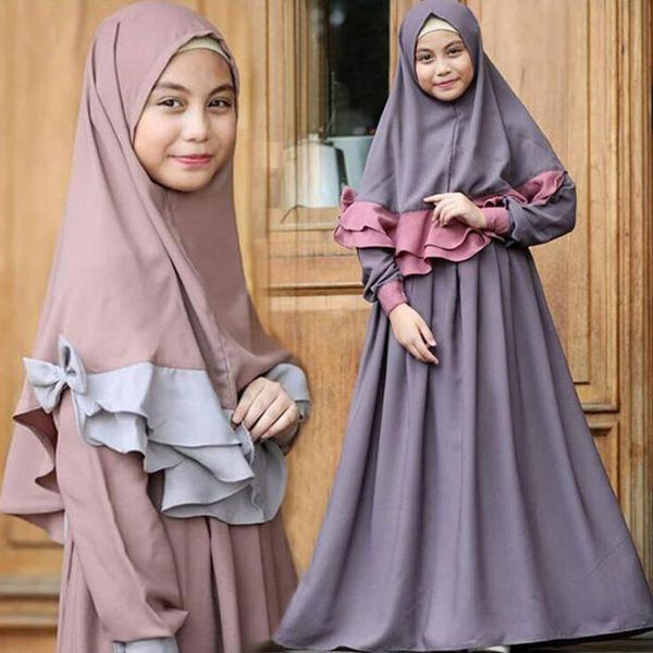 2pcs / set fille mousseline robe à manches longues musulman printemps automne robes roses vêtements de fête vêtements foulard ensemble enfants filles robe 4 couleurs