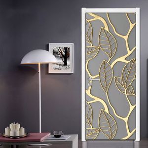 2Pcs/Set Golden Leaves 3D Door Sticker PVC Self-adhesive Waterproof Wallpaper Wall Decals Home Decor Living Room Bedroom Decor 201009