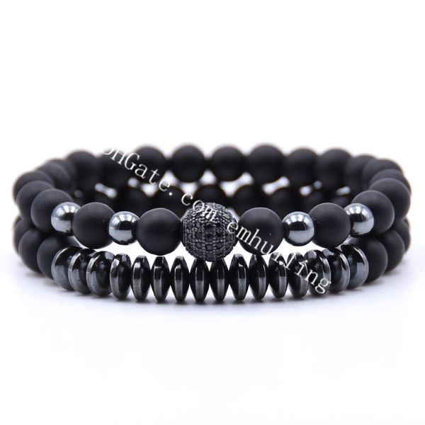 2 Unids / set Hematites Mate Negro Onyx 8mm Perlas Pulsera Apilable CZ Micro Pave Disco Bola Grano Espaciador Charm Pareja Pareja Pulseras Stretch