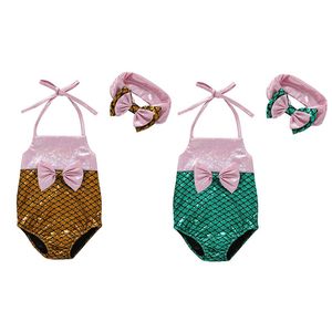 2 stks set kids baby meisjes kleding zomer mouwloze zeemeermin backless badpak + hoofdband boog kostuum strand bikini set