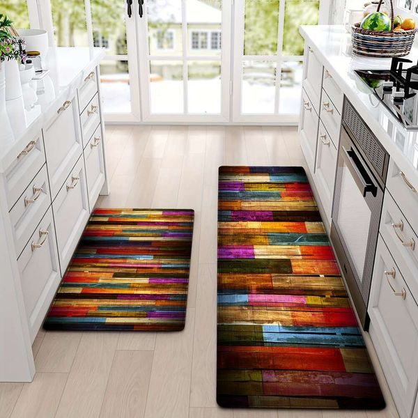 Alfombra de cocina de 2 piezas/set, alfombra de patrón de tablero de madera de color rojo, alfombra de pie cómoda en el piso sin deslizamiento, adecuado para la mesa de dormitorio