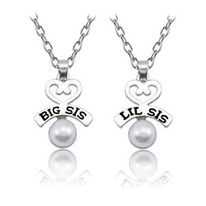 2 pièces ensemble amour coeur collier mode BIG SIS LIL SIS perle pendentif famille colliers pour femmes BBF cadeaux 245m