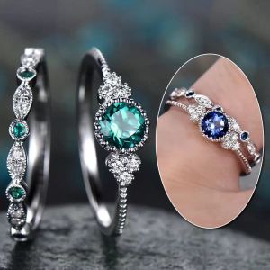 2 stks / set Luxe Groene Blauwe Steen Crystal Finger Ring voor Dames Sliver Color Wedding Engagement Bands Sieraden Geschenken