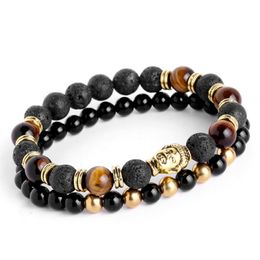 2pcs Set Mens Bracelets Bracelet Bouddha Lava pour hommes Perles de pierre naturelles Gift Religion Yoga Pulseras Pulseira masculinagift Holid192n