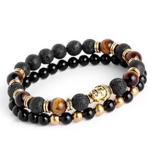 2 pièces/ensemble bracelets pour hommes bracelet bouddha de lave pour hommes perles en pierre naturelle cadeau religion yoga pulseras pulseira masculinacadeau, vacances, saint valentin fête des pères