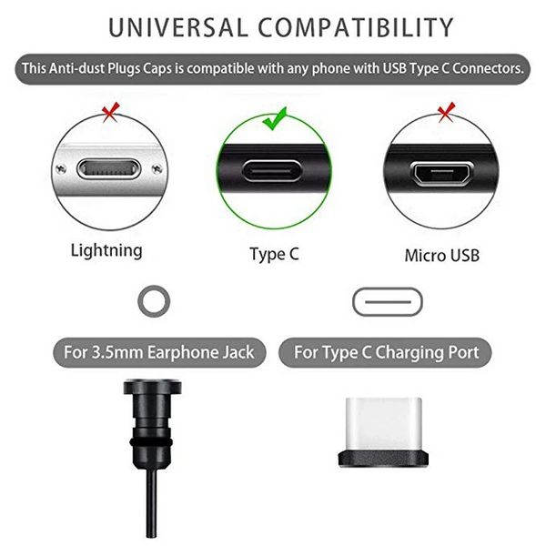 2pcs / set Metal Type C Port de chargement anti-dust 3,5 mm de prise d'écouteurs Plux de carte SIM Pin pour Samsung S23 S22 Huawei Xiaomi Universal