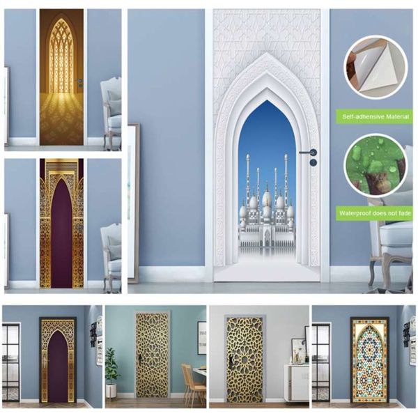 2pcs / set Style musulman Eid Adha Porche Décoration Affiche murale DIY Porte Art Mural Autocollant Salon Peel Stick Stickers muraux 210929
