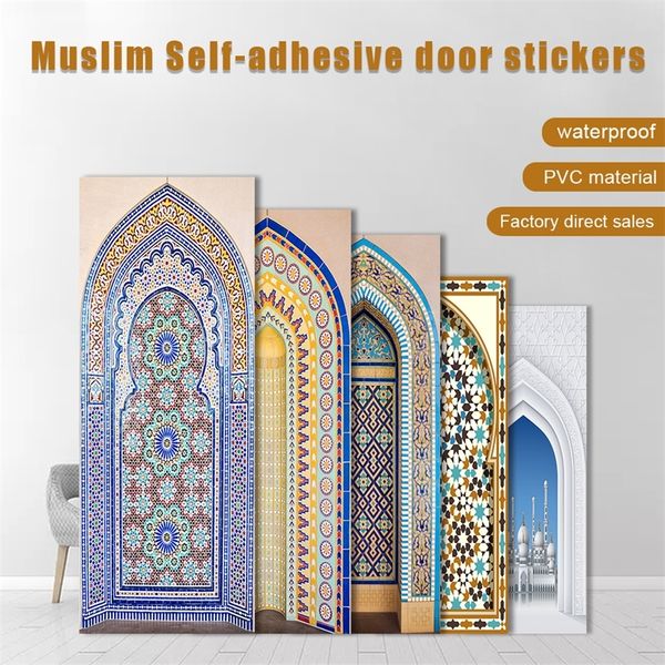 2 pièces/ensemble Styles musulmans Simulation porte bricolage Art Mural autocollant décor à la maison salon chambre Peel Stick PVC papier peint 220309
