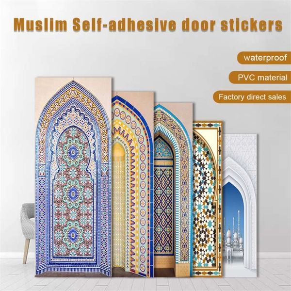 2pcs / set Styles Musulmans Simulation Porte DIY Porte Art Mural Autocollant Décor À La Maison Salon Chambre Peel Stick PVC Art Papier Peint 210929