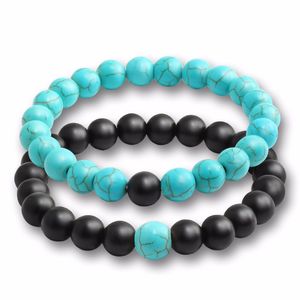 2 pièces/ensemble pierre naturelle turquoise perles noires Couple Distance Bracelet pour hommes femmes brin Bracelets Bracelets Yoga amant bijoux cadeaux