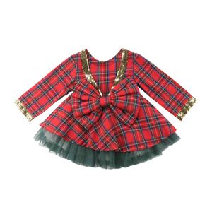 2pcs / set Robe De Noël À Carreaux Pour Fille Princesse Enfant Bébé Tulle Tutu Robes De Noël Année Rouge Fête s Vêtements 210515