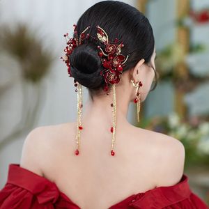 2 pièces ensemble rouge fée gland pinces à cheveux boucles d'oreilles ensembles fleur chinois accessoires de mariage 240130