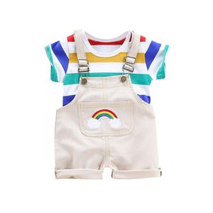 2pcs / set Summer Baby Boys Vêtements Ensemble Dessin animé Enfant Bébé Bébé Filles Tenues T-shirt + Pantalon à bretelles Ensembles de vêtements pour enfants Survêtement 210315