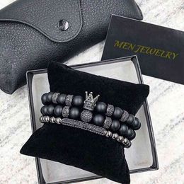 2pcs / set Uxury Fashion Crown Charm Bracelet Pierre Naturelle Pour Femmes Et Hommes Pulseras Masculina bijoux Cadeau, vacances, saint valentin GC205