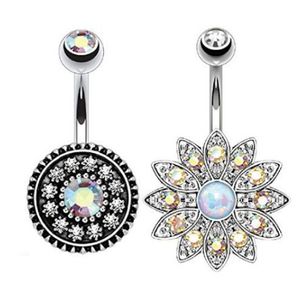 2 stks/set Vintage Bloem Ronde Sexy Buikdans Crystal Body Sieraden Rvs Navel Bell Button Piercing Dangle Rings voor Vrouwen