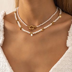 2 pièces/ensemble Vintage imiter perles chaînes serrure collier mode géométrique rond pendentif colliers pour femmes à la mode bijoux cadeaux