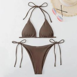 2 pièces/ensemble femmes maillot de bain côtelé dos nu coussinets femmes Bikini ensemble licou Triangle soutien-gorge côté cravate string maillots de bain vêtements pour femmes 240119