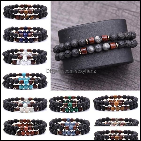 2pcs/set Charms de madera Pulsera de piedra de lava Homme Bead Tibetan Buda Difusor Pulseras Pulseras Regalos de joyer￭a de hombres con cuentas, hilos Delive